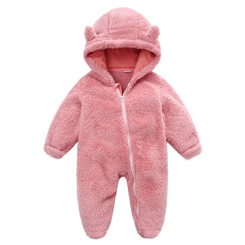Baby Bubble baby hooded plush romper in soft, warm material, featuring a cozy hood and cute design for winter comfort.
