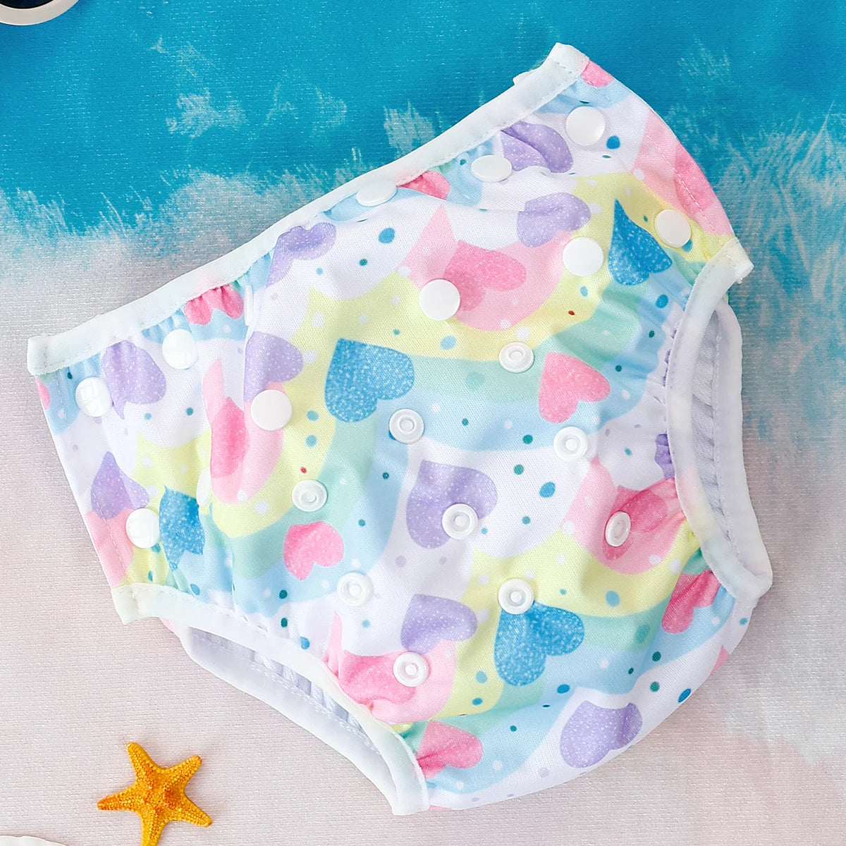 Baby Bubble washable baby swim diapers with adjustable fit, shown in a colorful, waterproof design suitable for swimming and water play.