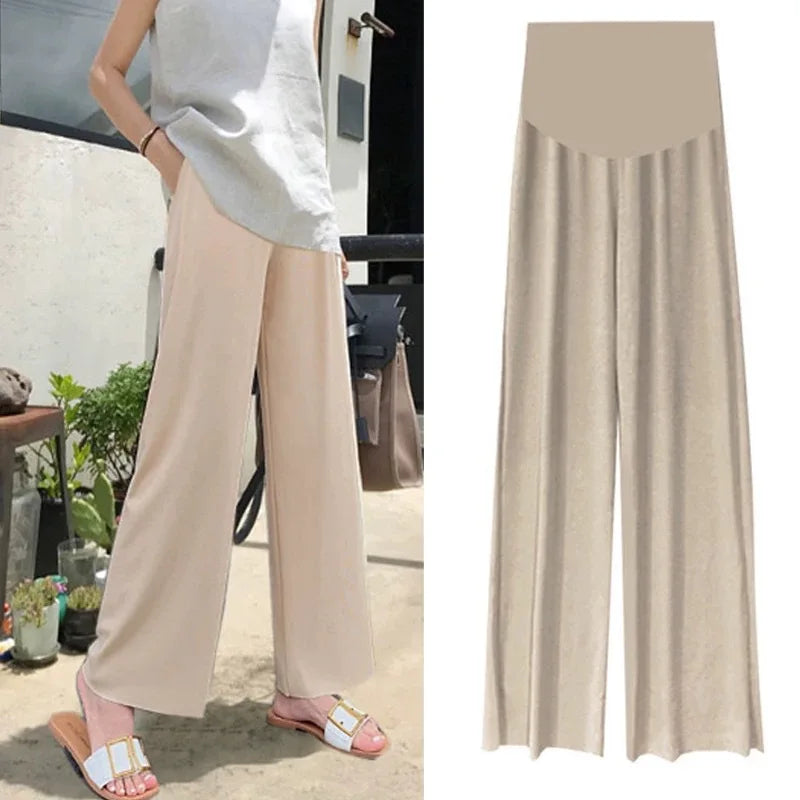 Baby Bubble wide leg maternity trousers with breathable fabric and adjustable waist, shown in a comfortable, relaxed fit.