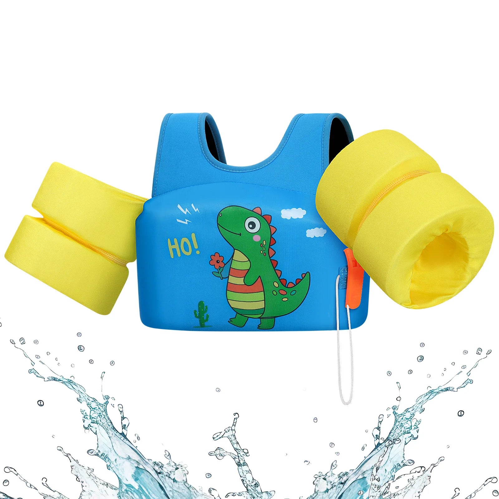 Kids life vest with foam arm floats and safety whistle from Baby Bubble, designed for safety during swimming or water activities.