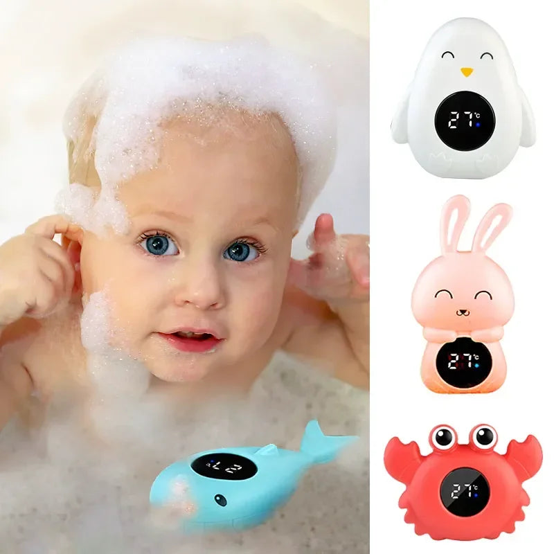 Baby Bubble floating digital bath thermometer displaying water temperature for safe baby bath water.