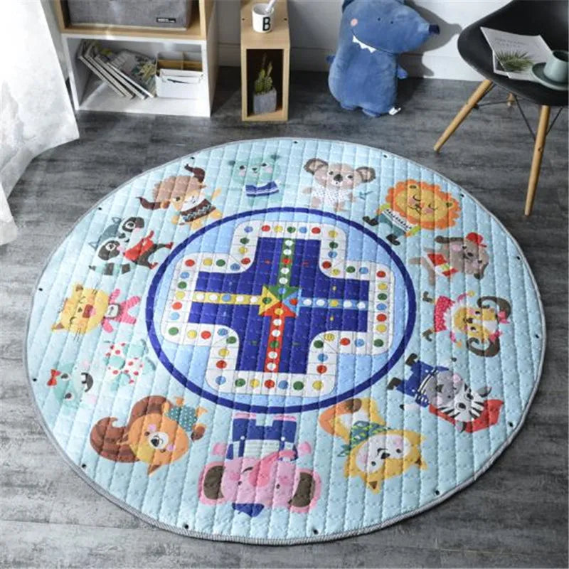 Round Kids Room Carpet featuring Nordic Animal design, 150cm play mat for children by Baby Bubble.