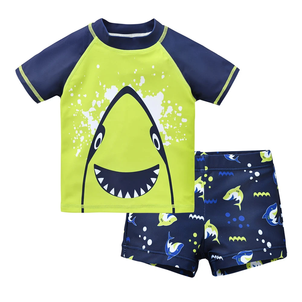 Bright boys' 2-piece swimsuit set with cool print from Baby Bubble for ages 1 to 7, featuring colorful swim trunks and matching top.