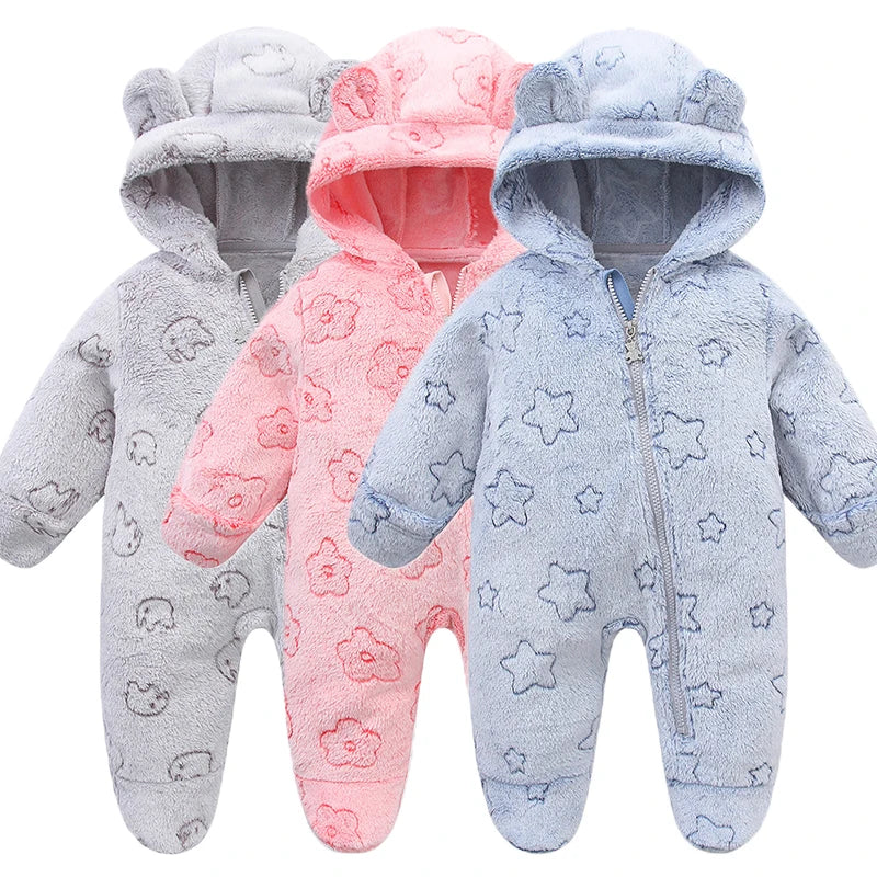 Baby Bubble soft flannel newborn jumpsuit for boys and girls, cozy cartoon romper for 0-12 months in warm autumn winter fabric.