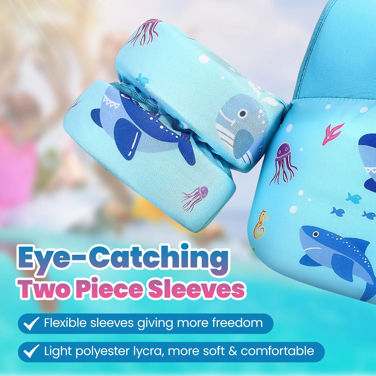 Baby Bubble kids life vest with foam arm floats and safety whistle, designed for safety and buoyancy during swimming.