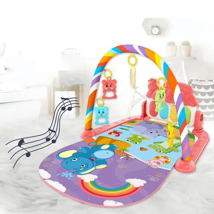 Baby Bubble baby piano gym play mat with colorful musical toys for crawling and kicking activity on soft fabric.