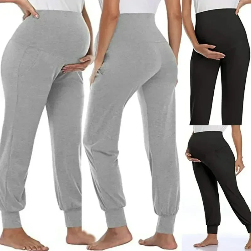 Comfortable maternity jogger pants by Baby Bubble with soft high waist design, ideal for pregnancy comfort and everyday wear.