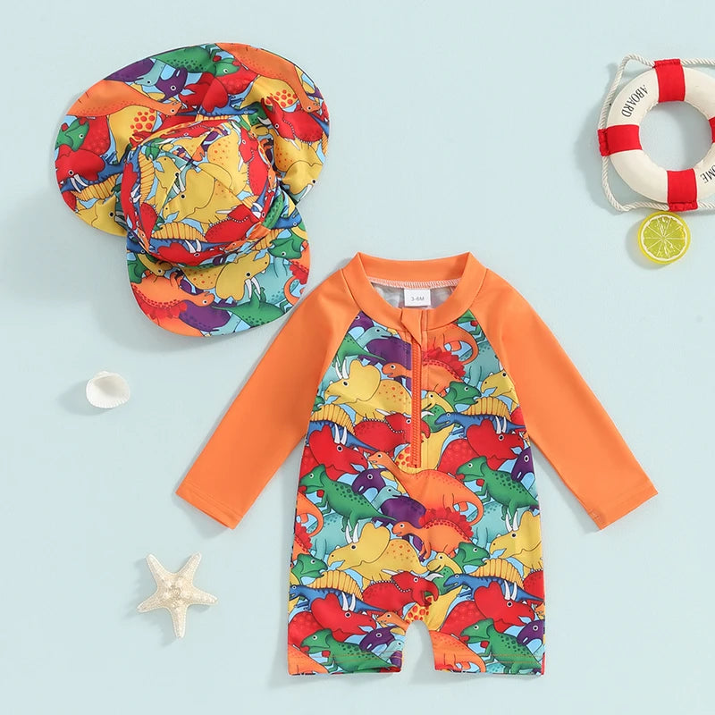 Baby Bubble baby boys rash guard set with turtle and dinosaur print, featuring comfortable fabric and vibrant aquatic-themed designs.