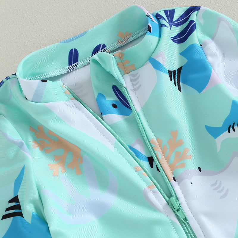 Girls long sleeve swimsuit with sea animal print by Baby Bubble, featuring colorful marine creatures on the fabric.