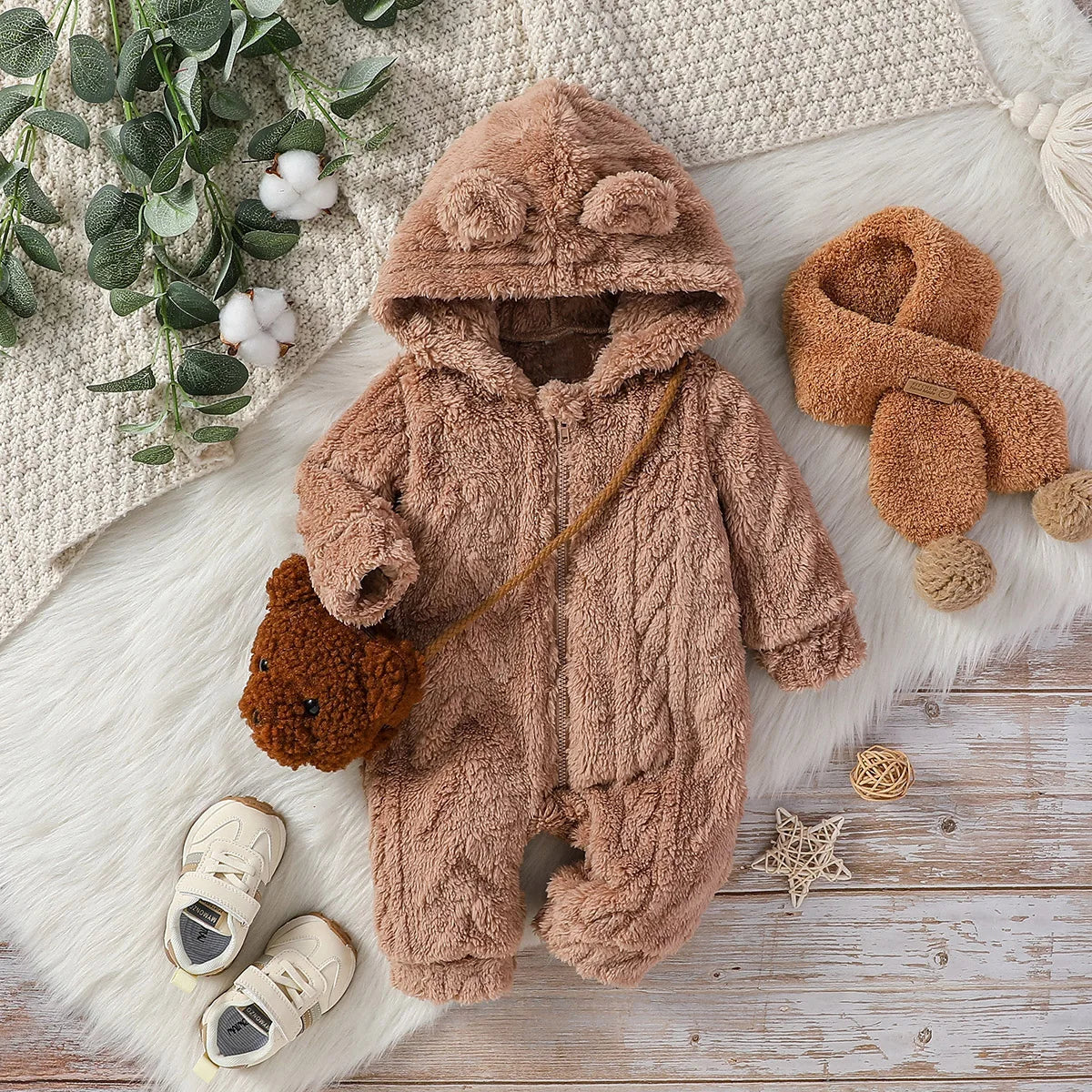 Baby Boy's winter hooded jumpsuit by Baby Bubble, cozy and warm with a soft fabric, featuring a hood and full-body coverage.