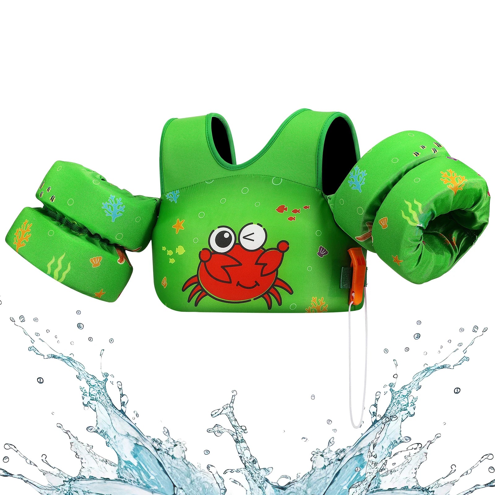 Baby Bubble kids life vest with foam arm floats and safety whistle, designed for children's safety during water activities.