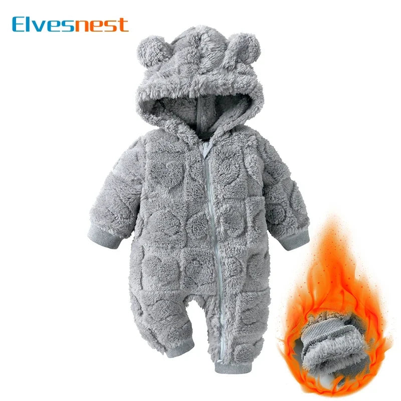 Baby Bubble baby velvet hooded romper with cartoon pattern, soft warm fabric, cozy hood, ideal for comfortable baby wear.