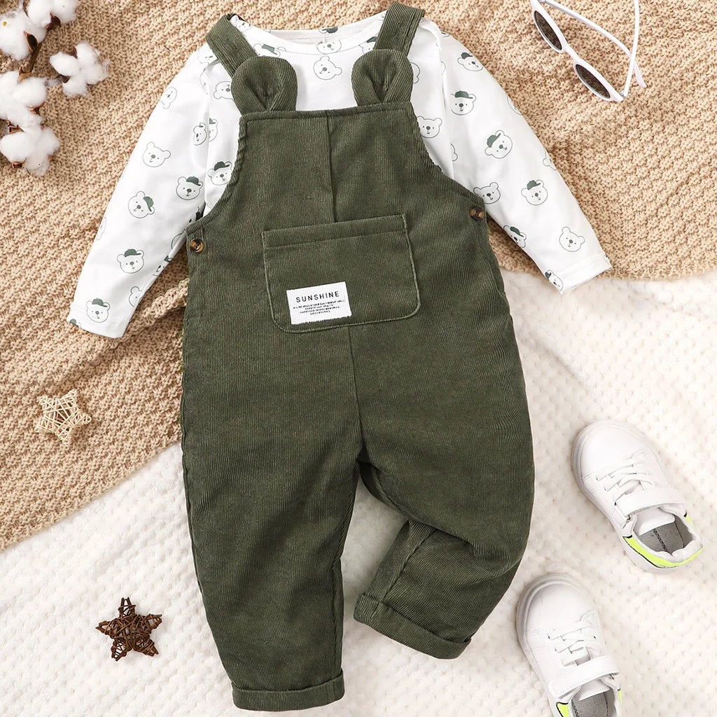 Baby Bubble bear print 2-piece bodysuit and overalls set, cozy fall comfort for infants, featuring soft fabric and adorable bear design.