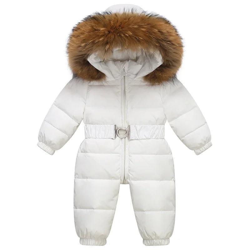 Kids winter waterproof down snowsuit by Baby Bubble, featuring a puffy insulated design with a hood and colorful pattern.