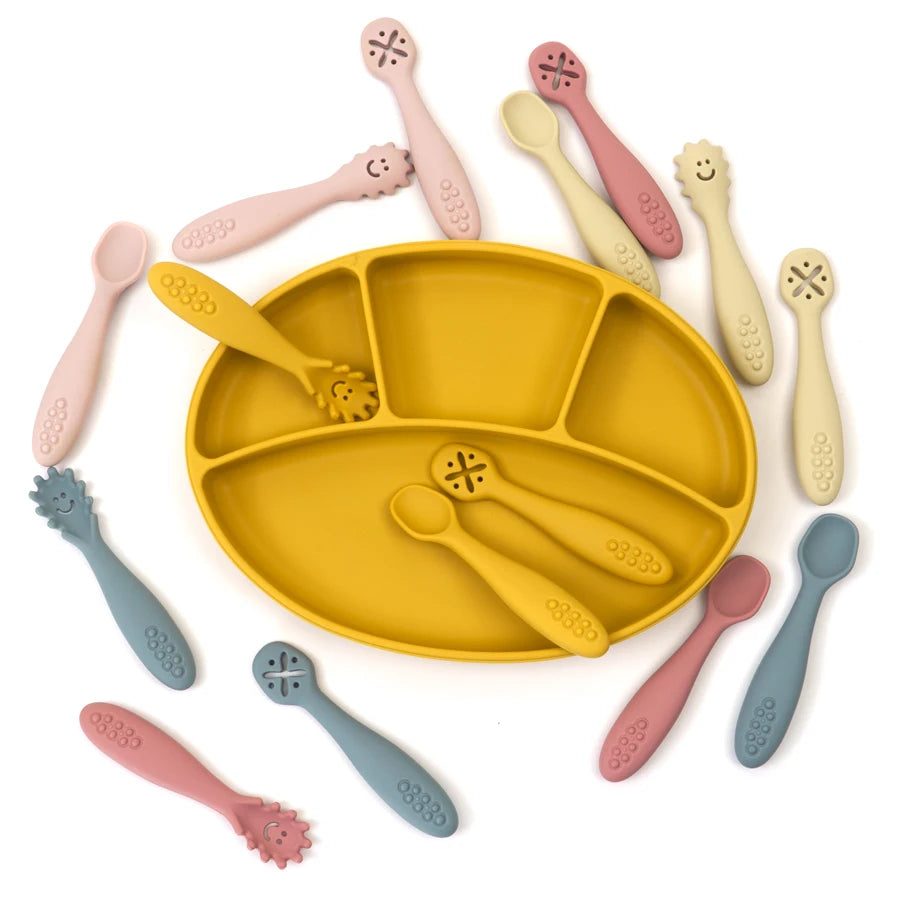 Baby Bubble silicone spoon set with three colorful baby feeding spoons, ideal for safe weaning and toddler feeding.