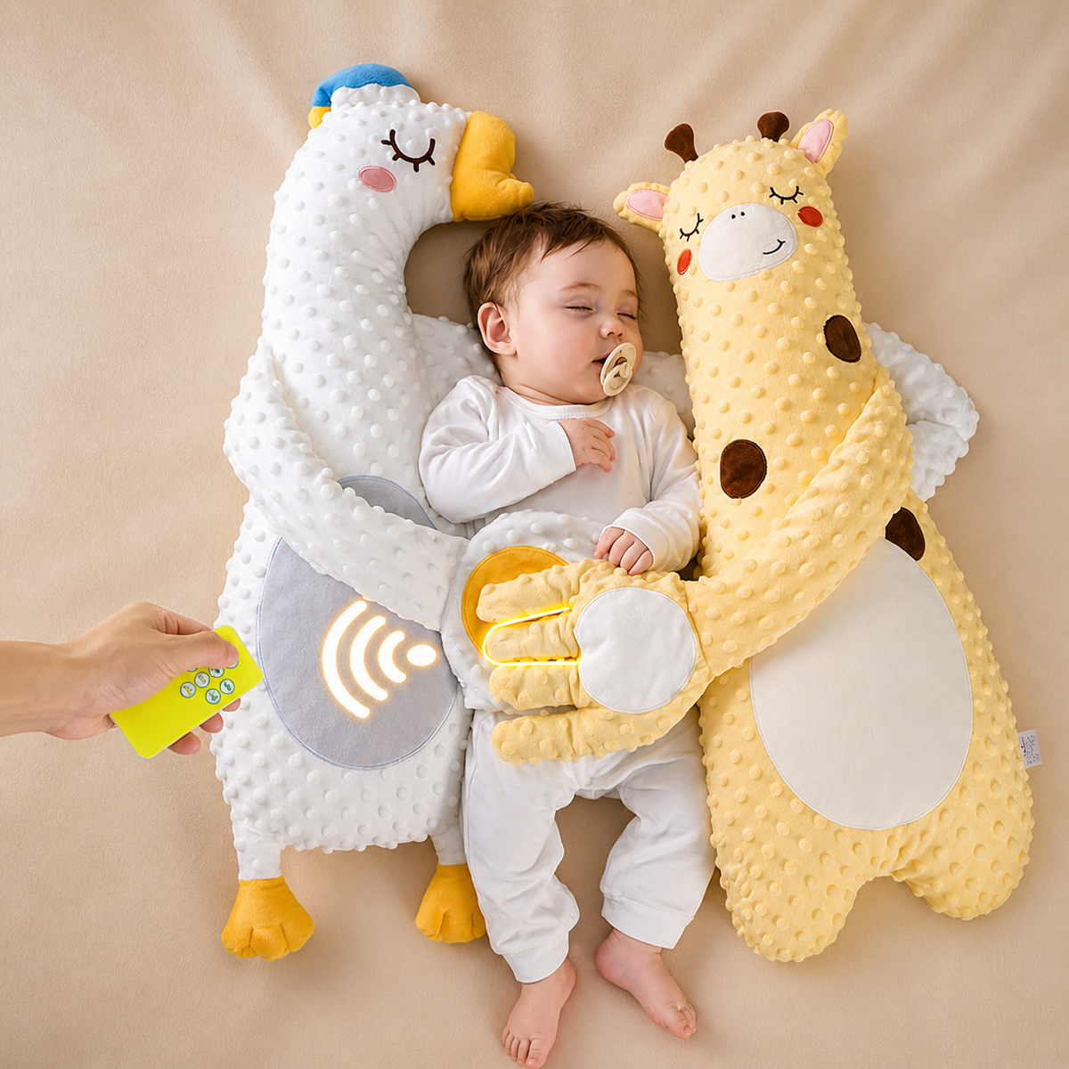 Baby patting pillow with remote control, soft fabric, designed to soothe babies with gentle patting vibrations.