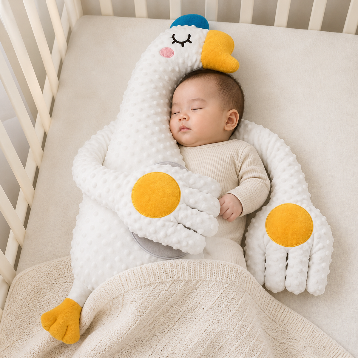 Baby patting pillow with remote control, soft fabric and interactive features for soothing sleep support.